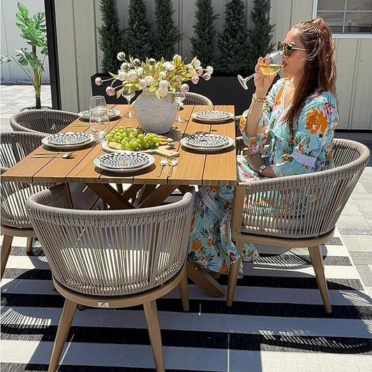 PURPLE LEAF Outdoor Dining Set for 6 All-Weather Aluminum 7 Piece Outdoor Patio Dining Furniture Sets with Woodgrain Table and Rope Weave Chairs Included Cushions for Backyard Patio Set Teak Color