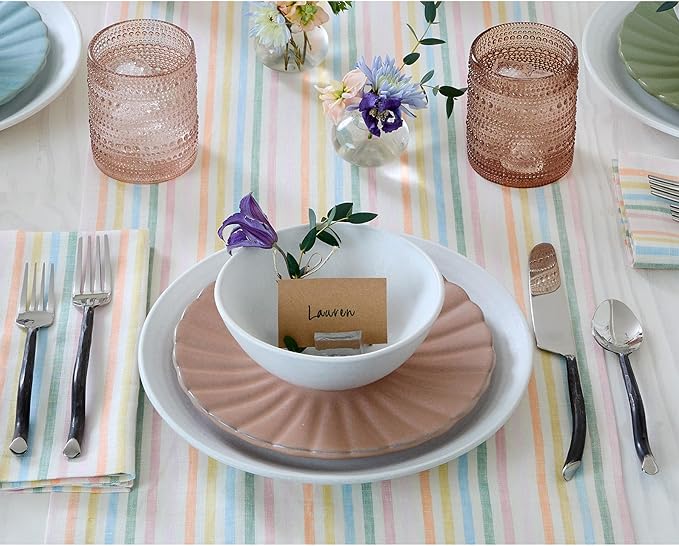 Solino Home Linen Table Runner 48 Inches - Julia 100% Pure Linen Multicolor Muted Pastel Stripe Farmhouse Table Runner 14 x 48 Inch Ideal for Dresser and Coffee Tables, Spring, Easter