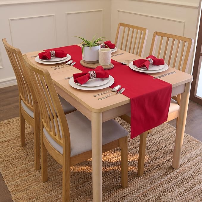 Encasa XO Table Runner 13"x48" Long | Cotton Canvas Fabric | Deep Red Solid Color | Machine Washable & Durable