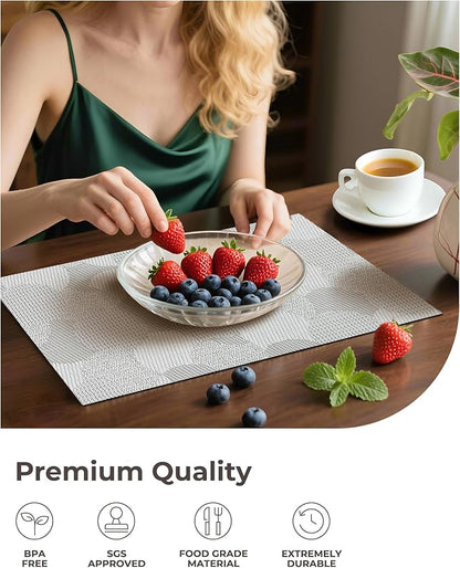 Leetaltree White Placemats Set of 6 - Heat Resistant Non-Slip Place mats for Dining Table, Washable Durable PVC Vinyl Woven Table Mats（White Circle, 6）