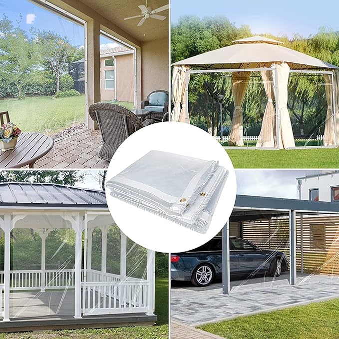 7 x 12FT Outdoor Clear Tarp Curtain Waterproof Wind-Proof 24 Mil Transparent Vinyl Tarp for Patio Pergola Garden Canopy Rainproof Anti-Tear PVC Thick Cover with Grommets