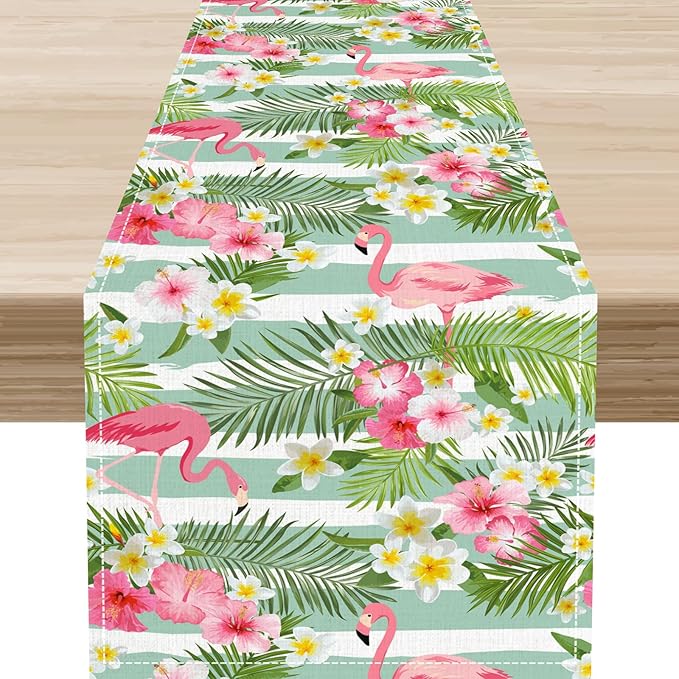 Tropical Flamingo Table Runner,Green White Stripes Palm Leaves Floral Hawaii Seasonal Holiday Celebration Kitchen Dining Table Decoration for Home Party Decor, 13"x36"