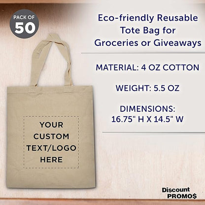 DISCOUNT PROMOS Custom Cotton Canvas Tote Bags Set of 50, Personalized Bulk Pack - Reusable, Great for Shopping, Grocery, Beach, Picnic, Wedding Favors - Natural