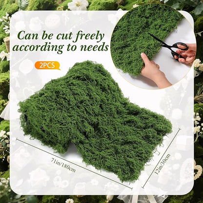Zeyune 2 Pcs Fake Moss Table Runner for Crafts 12'' x 71'' Artificial Moss Sheet Roll Waterproof Carpet Blanket for Wall Roof Garden Wedding Birthday Party Table Decoration (Green)