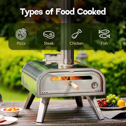 BIG HORN OUTDOORS 16" Woodfire Pizza Stone Oven, 1112°F Outdoor Stainless Pizza Cooker, Portable for Party Usage, Sliver