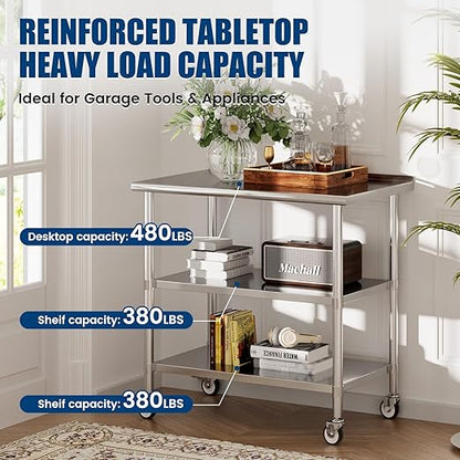 Stainless Steel Work Table with Wheels, 24x48 Inch NSF Food Prep Table with Backsplash & 2 Adjustable Undershelves for Commercial Kitchen, Restaurant, Garage