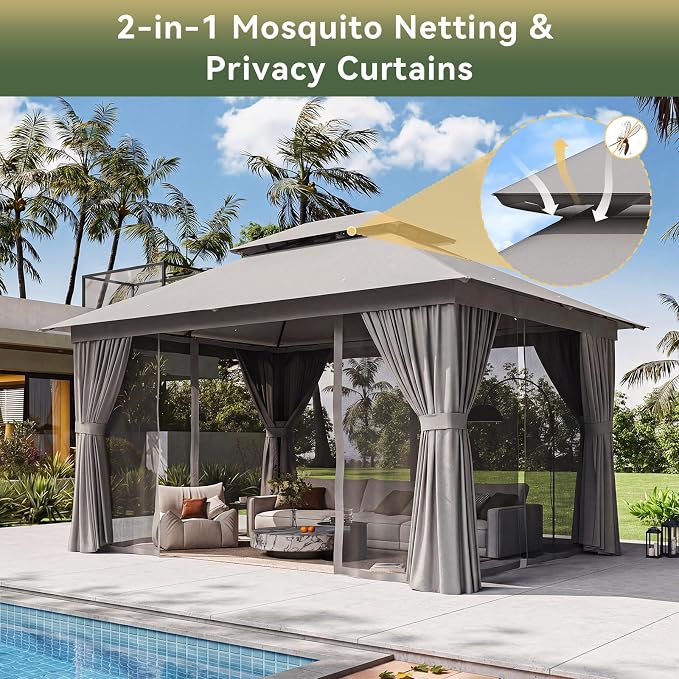 12'x10' Gazebo with Light, Outdoor Gazebo with Double Roofs | Metal Frame Canopy - Image 3