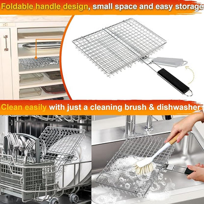 Grill Basket for Outdoor Grill, Stainless Steel Grilling Basket with Foldable Handle, Portable BBQ Cooking Rack for Fish, Vegetables, Shrimp, Chicken - Includes BBQ Skewers 6pcs,Basting Brush,Scrub Sponge-Upgrade
