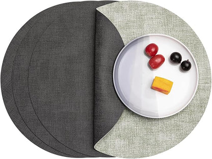 Myir JUN Round Placemats Dual Sided, Faux Leather Place Mats Set of 4 Indoor Placemat for Dining Table Outdoor Place mat Non-Slip Washable Table Mats (Gray Grass Green, Set of 4)