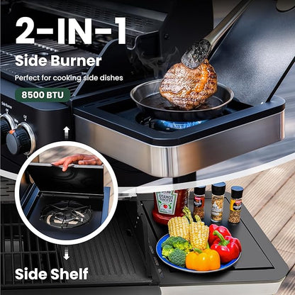 2 in 1 Propane Gas BBQ Grill with Side Burner & Porcelain-Enameled Cast Iron Grate, 4-Burner Flat Top Griddle, 46,700 BTU Outdoor Barbecue Propane Griddle Grill Combo for Camping, Patio, Backyard