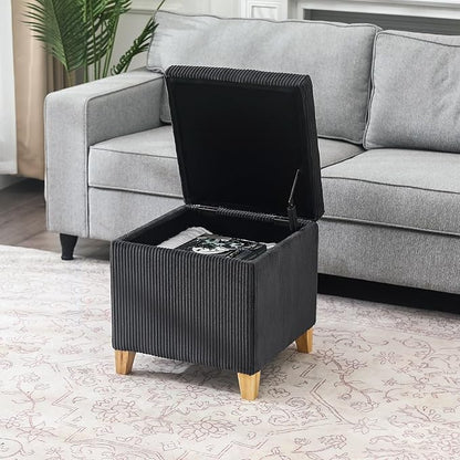 Adeco 18 Inch High Faux Fur Grey Cube Ottoman Storage, Fluffy Striped Velvet Chair Foot Stools, Small Bench Upholstered Vanity Stool with Hinged Lid, Solid Wood Legs