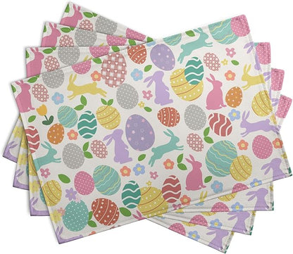 Easter Eggs Bunny Floral Placemats Set of 4 Watercolor Egg Floral Place Mat 12x18 Inch Seasonal Spring Colorful Washable Linen Table Mats for Party Kitchen Dining Outdoor Indoor Decor