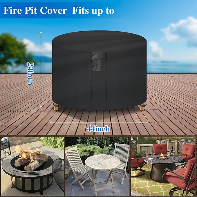 Fire Pit Cover Round- Waterproof Firepit Covers Round (44Dia x 24H inches, Black) Outdoor Fireplace Cover Weatherproof and Non Fading