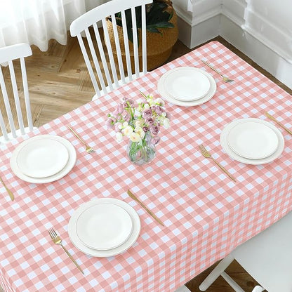 Romanstile Rectangle Vinyl Tablecloth, 100% Waterproof Checkered Plastic Table Cloth, Heavy Duty Buffalo Gingham Table Cover for Dining, Camping, Picnic, Outdoor - 54 x 78 Inch, Light Pink
