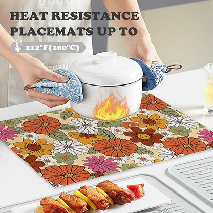 Retro 70s Groovy Flowers Placemats for Dining Table Set of 6,Hippie Daisy Place Mats for Home Party Kitchen Indoor Holiday Rustic Washable Heat Resistant Table Mats 12 x 18 Inch