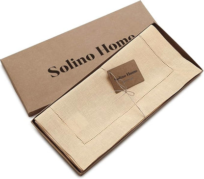 Solino Home Linen Beige Table Runner 108 Inches Long - 100% Pure Linen Hemstitch 16 x 108 Inch Table Runner for Dining, Spring, Easter - Classic Hemstitch