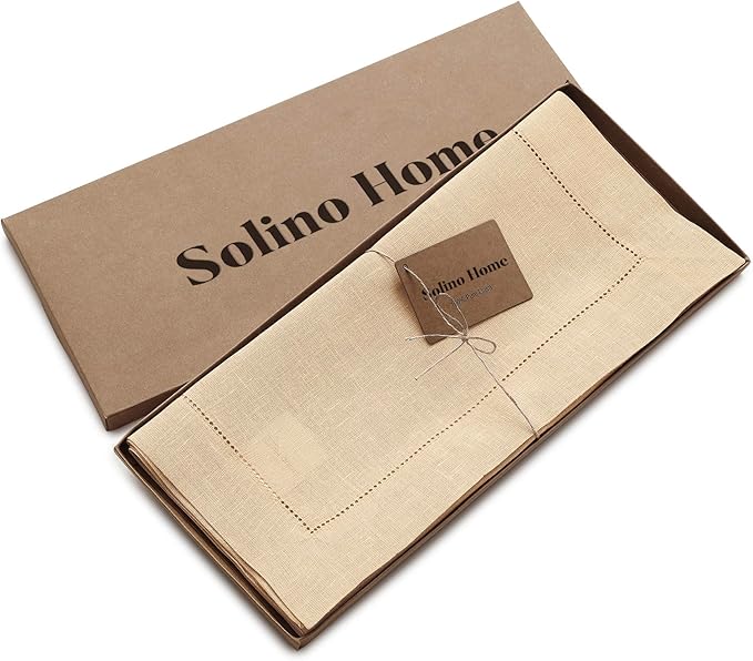 Solino Home Linen Beige Table Runner 90 Inches Long - 100% Pure Linen Hemstitch 16 x 90 Inch Table Runner for Dining, Spring, Easter - Classic Hemstitch