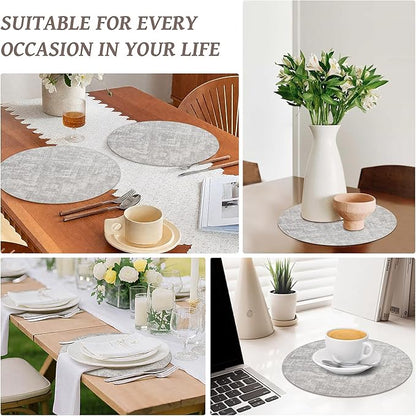 13" Round Placemats Set of 8, Reversible Faux Leather Heat Resistant Table Mats, Waterproof Oilproof Wipeable Table Protective Placemats for Vinyl, Washable for Indoor & Outdoor Use (8, Light Grey)