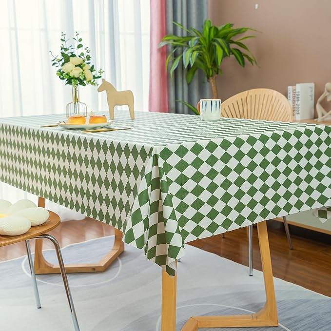 Rectangle Table Cloth,100% Waterproof Tablecloth Oil Proof Spill Proof Vinyl Table Cloth, Wipe Clean Plastic Table Cover for Dining, Camping, Indoor and Outdoor 54" x 102",Green Checkered