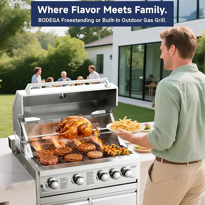 BODEGA Stainless Steel Outdoor Kitchen Propane Gas Grill and Outdoor Kitchen Cabinets for BBQ with 2 Drawers and Propane Tank Storage,Thermometer & Rotisserie Chicken Fork Kit, Seaside BBQ, Camping.