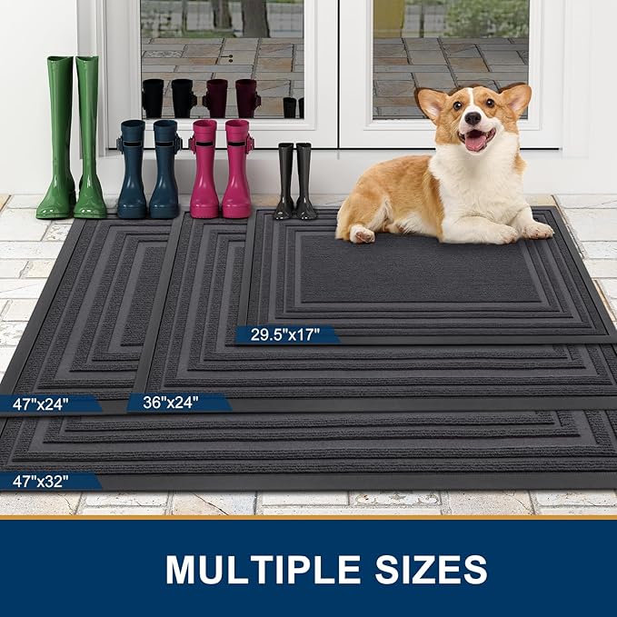 Buganda Front Door Mat Indoor Outdoor Entrance, Non-Slip Natural Rubber Doormats, Easy Clean, Low Profile, Dirt Trapper Entryway Floor Mats for Outside, Garages and Patios, 29.5x17, Light Grey