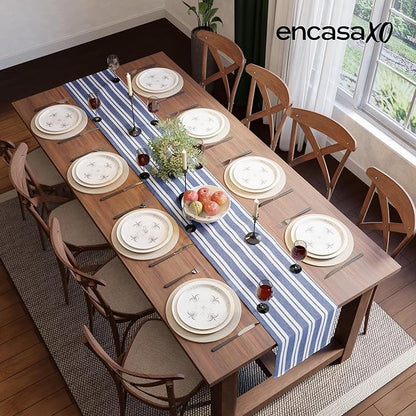 Encasa XO Cotton Dining Table Runner | Franca Blue Stripes | Size 13x59 in - Machine Washable & Durable