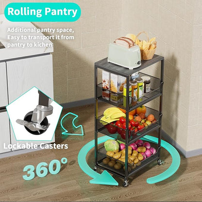 HapiRm Fruit Basket Kitchen Cart - 4-Tier Rolling Storage Cart with Wheels, Fruit Vegetable Basket with Wood Top, Pantry Utility Kitchen Organizer for Fruit Potato Onion Vegetable Bread Snack