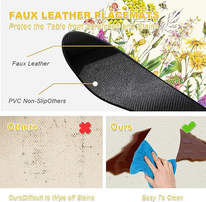 Flower Placemats Set of 4 - Floral Faux Leather Heat Resistant Placemats for Dinner Table, Non-Slip Waterproof Oil-Proof Washable Reusable Placemat for Indoor Outdoor Kitchen Decor, 15.75In*11.81In