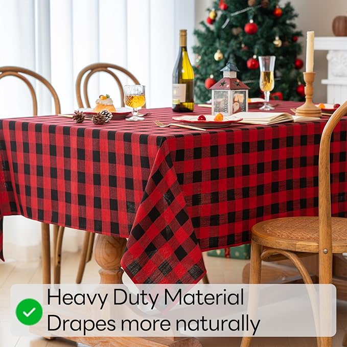 Christmas Gingham Tablecloth Heavy Duty Cotton Blend Red 60x120 inch Plaid Christmas Table Cloth Reusable Waterproof Foldable Tablecloths Xmas Table Cover for New Year Party Decor