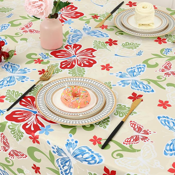 misaya Rectangle Waterproof Vinyl Table Cloth, Wipeable Tablecloth with Flannel Backing, Plastic Table Cover for Dinner, Picnic, Indoor and Outdoor (Butterfly, 54" x 78")