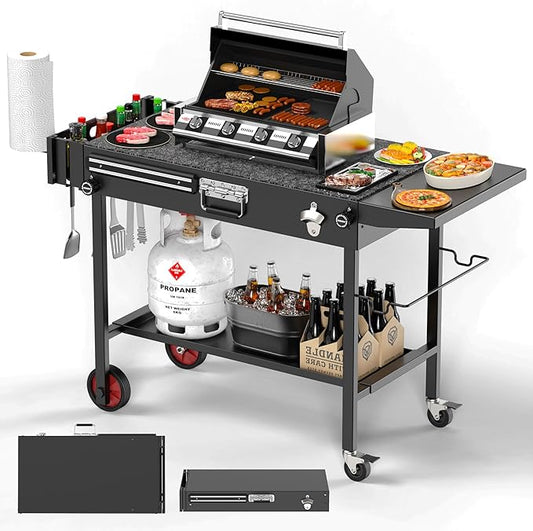 Portable Grill Cart Table with Wheels, for 17-22 Inch Blackstone Griddle Stand, Foldable BBQ Prep Station with Seasoning Tray