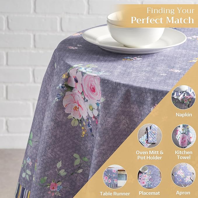 Maison d' Hermine Table Cloth Round Table 100% Cotton 63 Inches Tablecloth Reusable for Dining Room, Farmhouse, Home, Party, Festive & Wedding Spring Summer - Sweet Rose Lavender - Country Garden