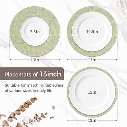 13" Round Placemats Set of 4, Reversible Faux Leather Heat Resistant Table Mats, Waterproof Oilproof Wipeable Table Protective Placemats for Vinyl, Washable for Indoor & Outdoor Use (4, Light Green)