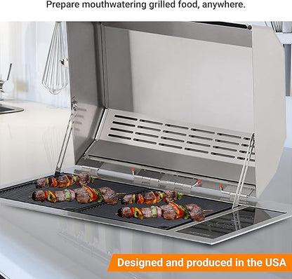 Kenyon Texan Built-In Electric Grill with Faceted Single Piece Lid and Standard Lite Touch Control, Stainless Steel Body, UL-Approved for Use Indoors and Outdoors, No-Flame Grill, 240 Volts