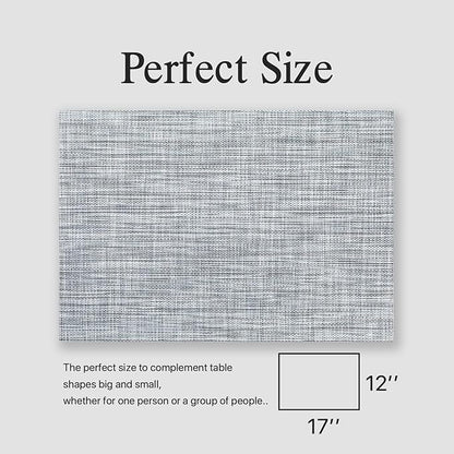 Placemats Set of 12 - Easy Clean Woven Vinyl Placemats for Dining Table, Indoor/Outdoor Place Mats, Washable PVC Table Mats（Gray）