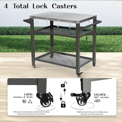Domi 3-Tier Outdoor BBQ Grill Cart with Lockable Wheels | Portable Pizza Oven Stand & Food Prep Station | with Stainless Steel Tabletop & Propane Tanks | All-Weather Patio Cooking Center