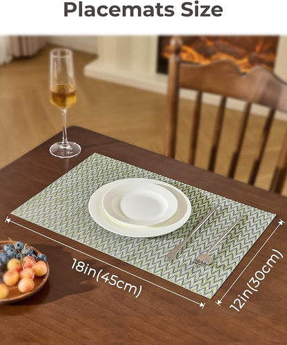 Leetaltree Green Placemats Set of 8 - Heat Resistant Non-Slip Place mats for Dining Table, Washable Durable PVC Vinyl Woven Table Mats（Green Zigzag, 8）