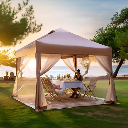 PHI VILLA 10 x 10 Pop Up Canopy Tent with Netting, Instant Gazebo, Ez up Screen House Room with Carry Bag, Height Adjustable, for Outdoor, Garden, Patio,Brown