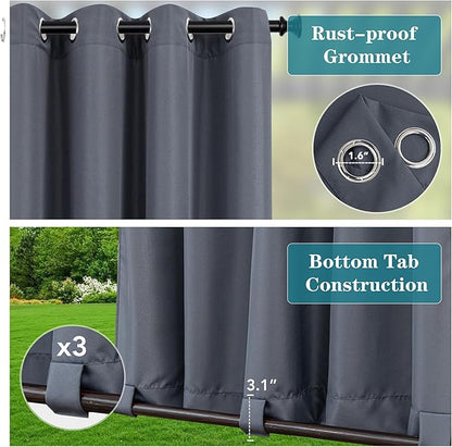 HolidayIdeas Patio Curtains Outdoor Waterproof 4 Panels 54x95 Inch-Windproof Light Flitering Outdoor Privacy Curtains Grommet Top and Tab Bottom Drape for Gazebo, Porch, Pergola, Cabana, Backyard Grey