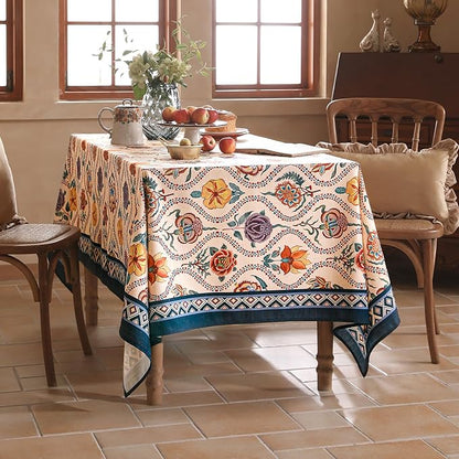 Vintage French Small Rectangular Tablecloth,Linen Tablecloth with Rose and Cornflower Pattern,Decorative Table Cover for Kitchen,Dining,Thanksgiving,Tea Party,55" × 71"-Lanae