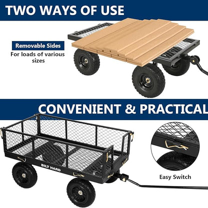 BILT HARD 880 lbs 10" Tires Steel Garden Cart with 180° Rotating Handle and Removable Sides, Heavy Duty 4 Cu.Ft Capacity Utility Garden Carts and Wagons, Black