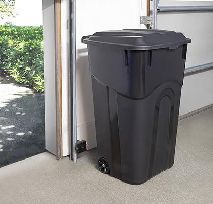32 Gallon Heavy Duty Wheeled Plastic Garbage Can with Attached Lid and Easy Grip Handle – Bottom Hand Groove, Rugged Wheels, Indoor Outdoor Trash Can for Home, Kitchen, Yard, Patio (2)