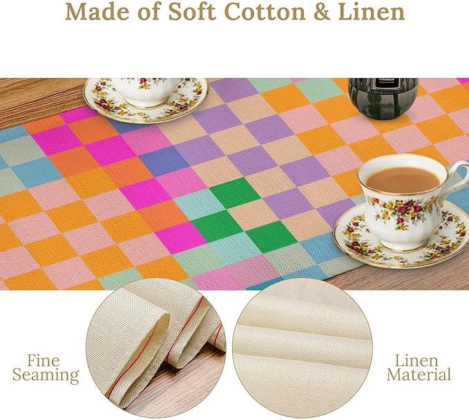 Retro Checkered Table Runner, Bright Rainbow Colorful Modern Groovy Aesthetic Table Runner for Dining Kitchen Party Home Wedding Banquet 13x36in