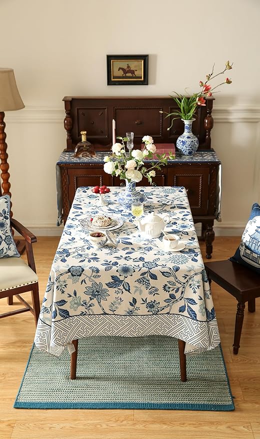 Vintage Blue and White Rectangle Tablecloth,French Linen Floral Wrinkle Free Tablecloths,Decorative Table Cover for Kitchen,Dining,Party,Thanksgiving,Christmas,55"*87"-Suqing