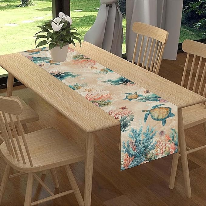 Retro Sea Turtle Table Runner, Nautical Starfish Underwater Coral Seashell Coastal Ocean Seasonal Coffee Table Center Decor for Home Kitchen Dining Patio Holiday Party Table Decorations 13"x90"