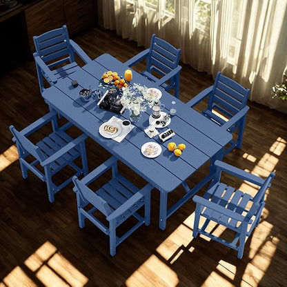 7 Piece Patio Dining Set with 11ft Patio Umbrella (Teal), 7 Navy Outdoor HDPE Dining Set with 6 Chairs + 1 Large Table, for Market, Pool, Garden, Backyard, Deck