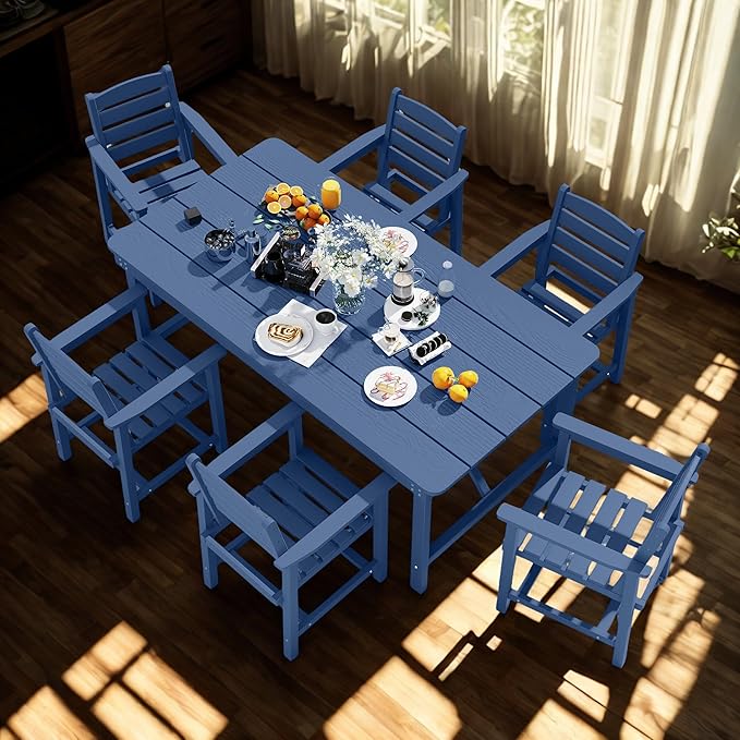 7 Piece Patio Dining Set with 11ft Patio Umbrella (Navy), 7 Navy Outdoor HDPE Dining Set with 6 Chairs + 1 Large Table with 2" Umbrella Hole, for Market, Pool, Garden, Backyard, Deck