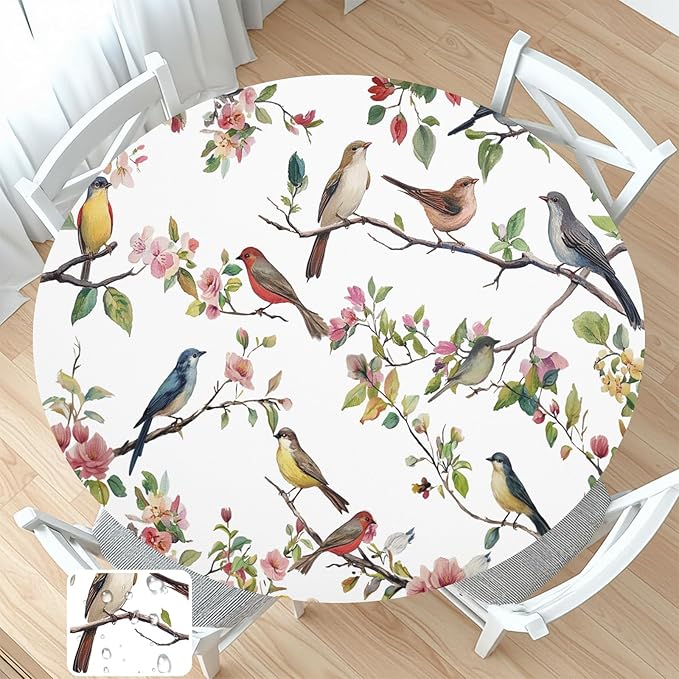 Spring Summer Round Fitted Tablecloth with Elastic Edge Bird Floral Easter Circle Table Cloth for 36-40" Round Tables Wipeable Waterproof Hummingbird Flower Table Cover for Outdoor Picnic Dining Decor
