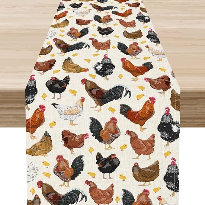 Farmhouse Rooster Table Runner, Rustic Farm Animals Cow Pig Chicken Coffee Table Center Decor for Home Kitchen Dining Patio Holiday Party Indoor Outdoor Table Decorations, 13"x108" Inch