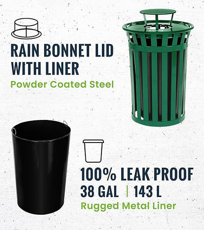 Alpine Commercial Outdoor Trash Can - 38 Gallon Heavy Duty Green Recycle Garbage Can with Liner, Flat Lid and Rain Bonnet Lid, All Weather Resistant Large Outside Trash Can for Parks, Parking, School